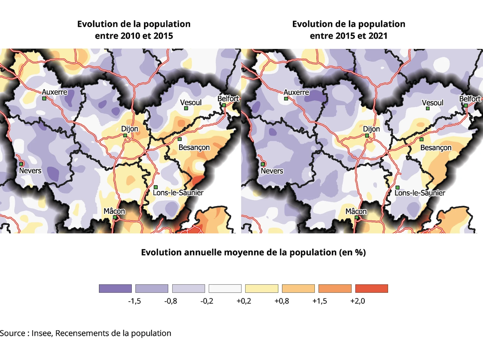 Carte de l'évolution annuelle moyenne de la population